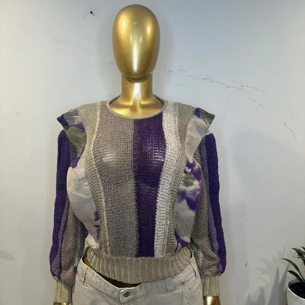 80s Vintage Dino Valiano Linen Sweater Purple Green boho vibe 6 small/medium